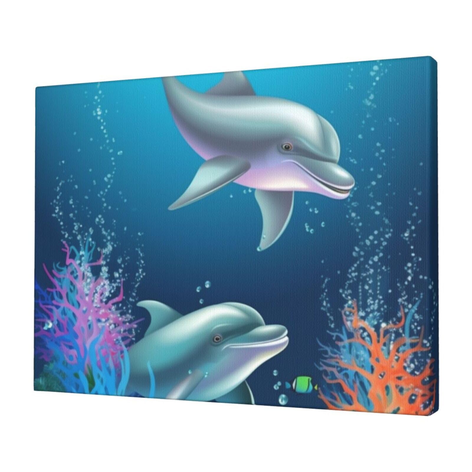 KLOPH Dolphin and fish Canvas Wall Art for Living Room 12"x16" Modern Artwork Painting for Bathroom Hanging Canvas Prints Aesthetic Wallart for Bedroom Kitchen Office Wall Decor