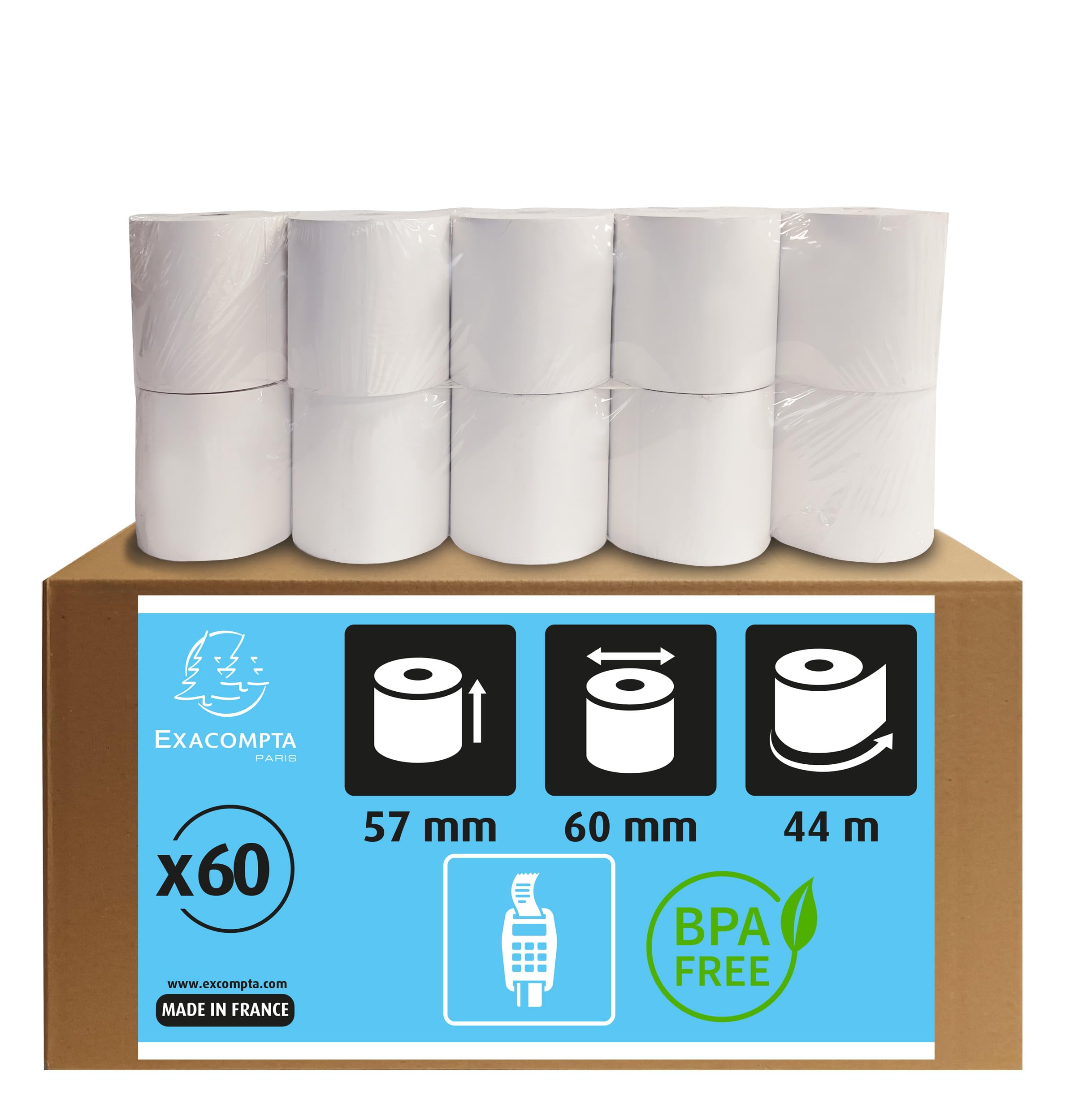 Exacompta - Ref. 40347E - Box of 60 reels for receipts and bank cards 57x60 mm - 1 thermal ply 55g/m2 BPA free. - Length (+ or - 2m): 44 m.