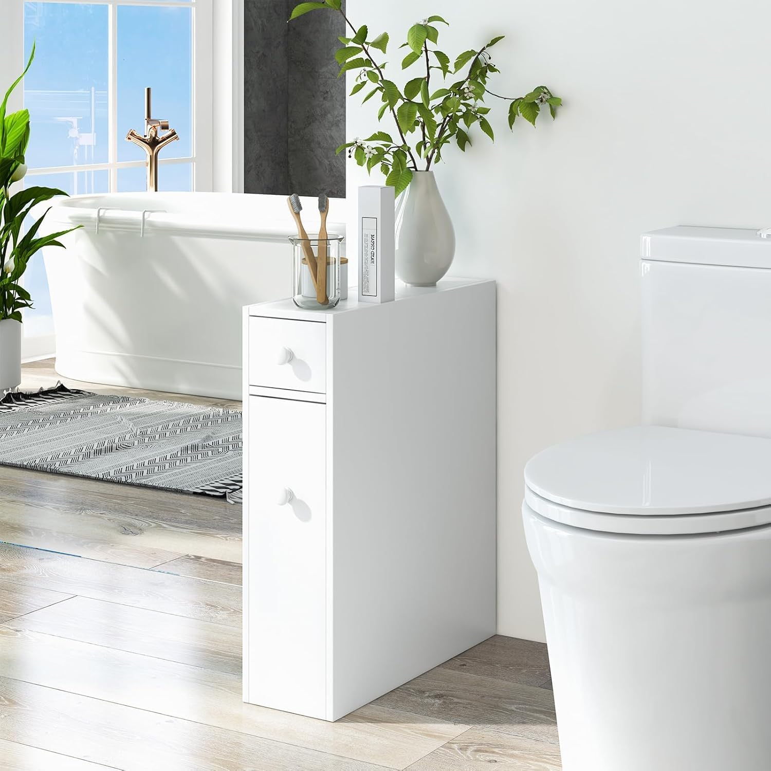 Nightcore Narrow Bathroom Storage Cabinet, Multi-Functional Storage Organizer with Drawers, Double Door, Shelves & Toilet Paper Holder, Space-Saving Storage Cabinet for Toilet, Kitchen,(White)