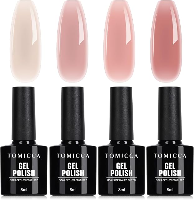 TOMICCA Jelly Ensemble de polonais à ongles en gel rose - 4Pcs Pink Nude blanc pur Gel polonais UV Gel Nail Polish cristal clair Polish Gift Set Manucure Gel Nails Kit pour Nail Art Salon Accueil DIY