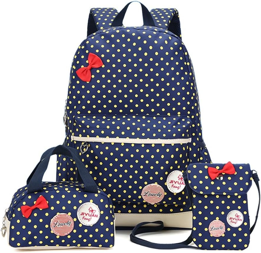 Lightweight School Backpacks for Girls, FEWOFJ (Set of 3) Cute Polka Dot Book Bag Waterproof Toddler Handbag and Mini Slim Purse/Crossbody Bag for Kids Students (Blue)