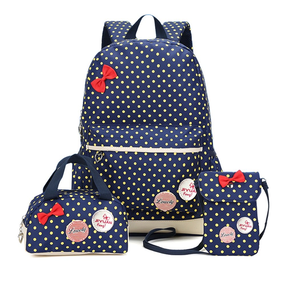 Lightweight School Backpacks for Girls, FEWOFJ (Set of 3) Cute Polka Dot Book Bag Waterproof Toddler Handbag and Mini Slim Purse/Crossbody Bag for Kids Students (Blue)