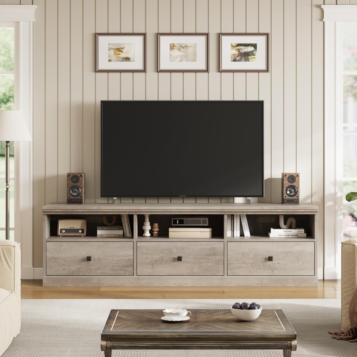 GarveeHome TV Stand for 65/70/75 in TV, Entertainment Center with Storage Drawer, Mid-Century Modern TV Console with Open Shelves, 70 in Media TV Cabinet for Living Room, Bedroom, Gray