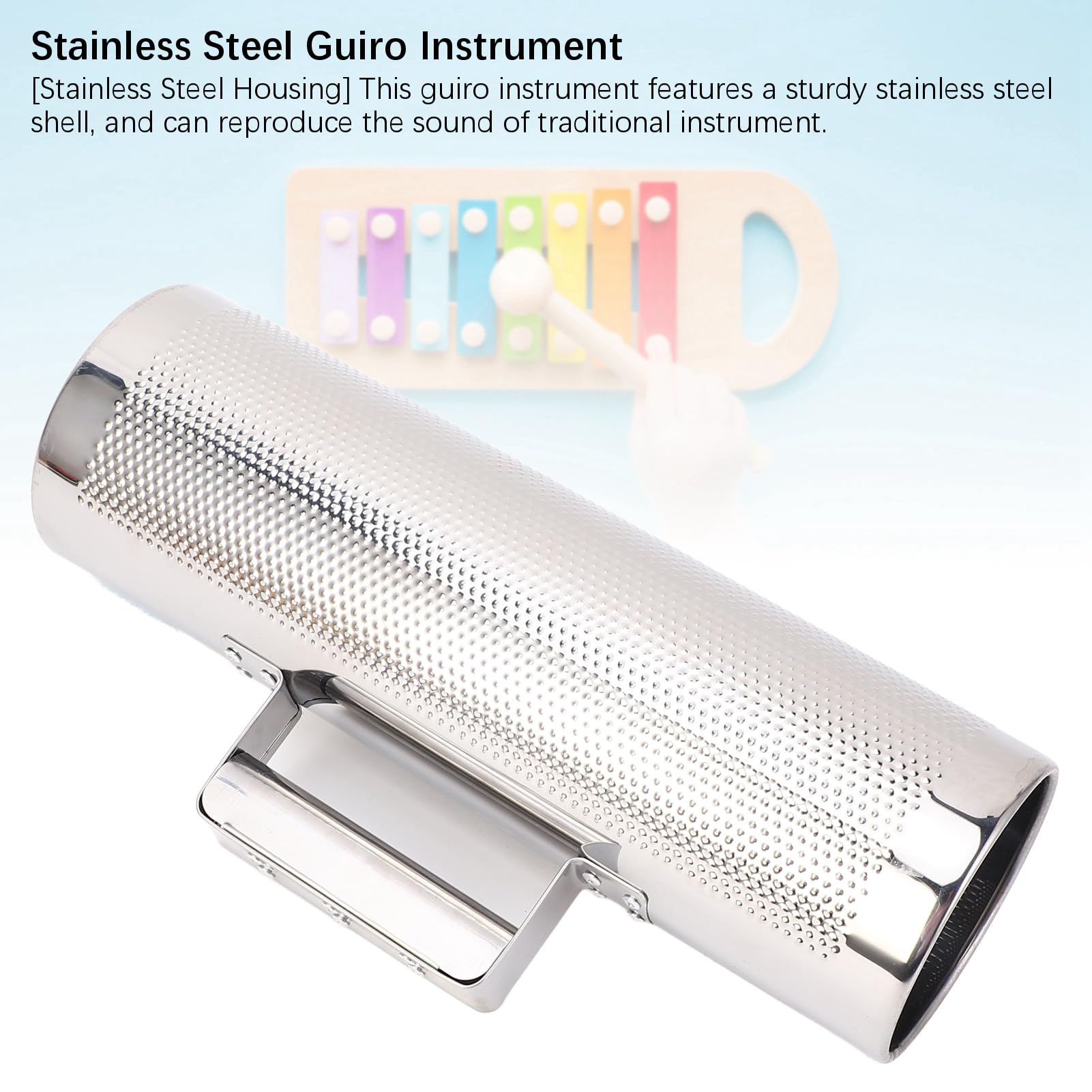Guiro Instrument avec grattoir pour percussions latines et concerts, doté d'une poignée confortable pour des sons forts et lumineux, corps en acier inoxydable 32 x 10 cm