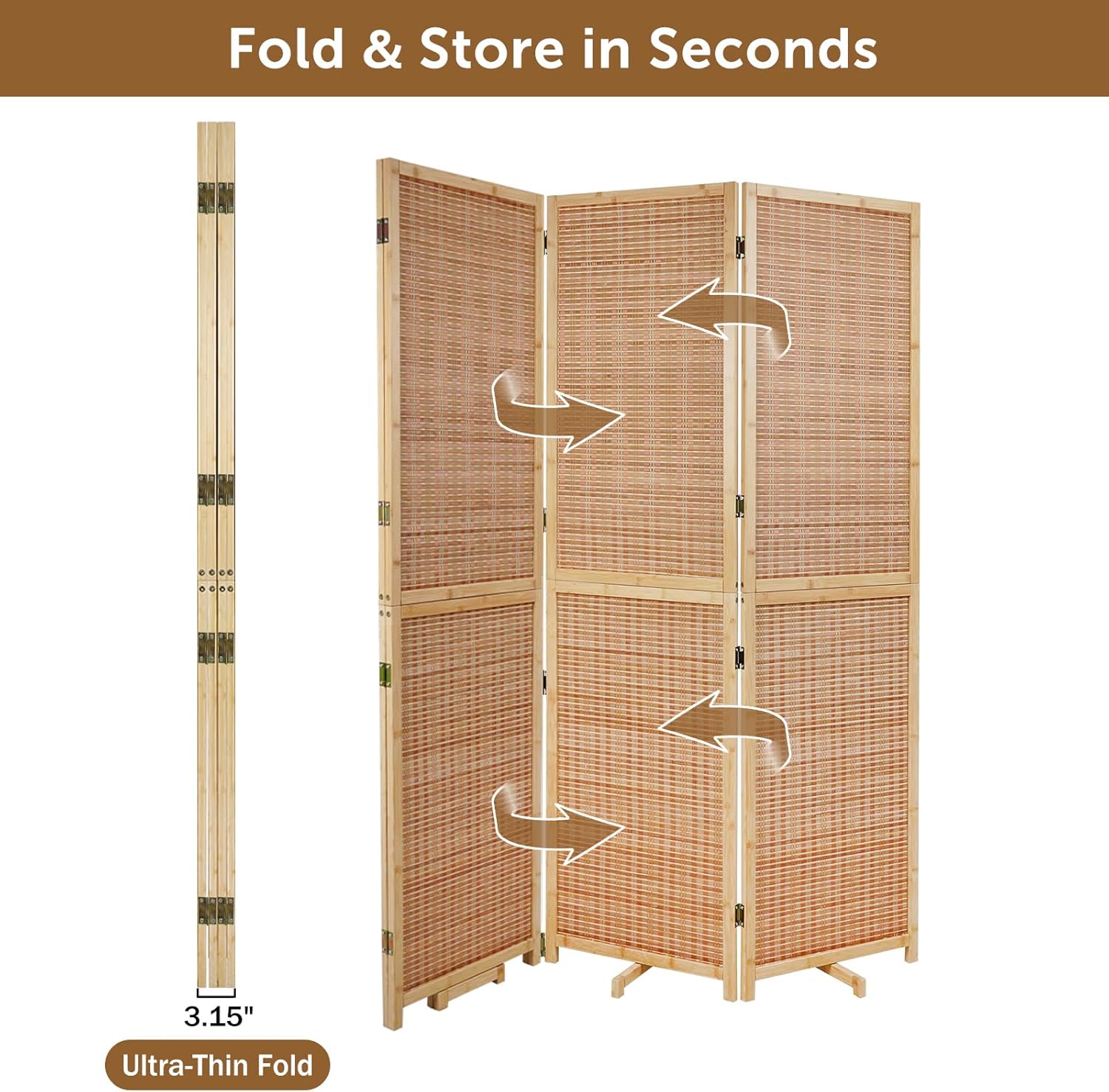 Olela 4 Panel Folding Room Divider, 5.6ft Tall Bamboo Room Divider Screen with Rotating Support Feet, 71" Wide Portable Wooden Screen, Easy 2-Step Assembly, Privacy Screens for Indoor Home Bedroom