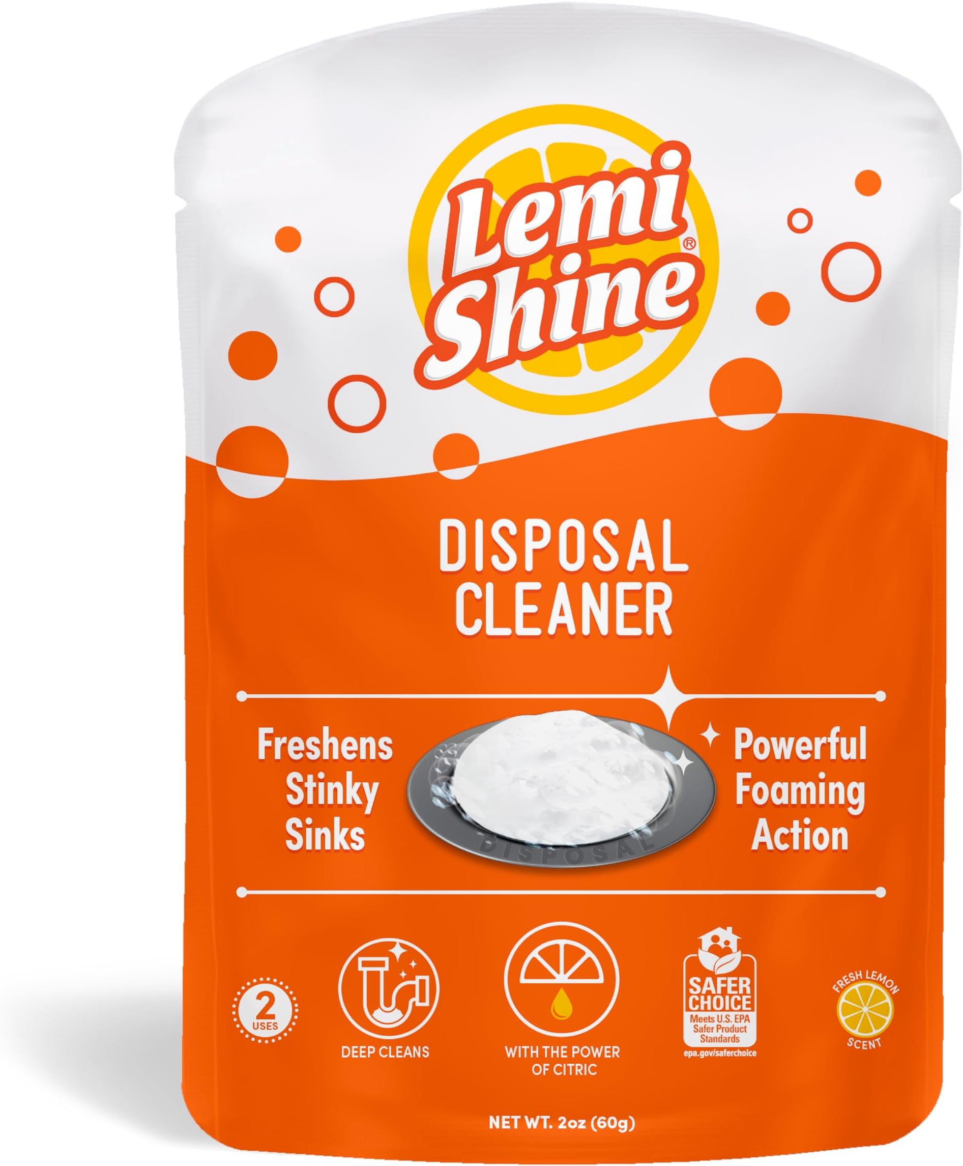 Lemi Shine Garbage Disposal Cleaner 2 oz, 2-Pod Pk. Unclog Sinks & Drain Pipes 100% Natural Citric Extracts, Deodorizes Sanitizes