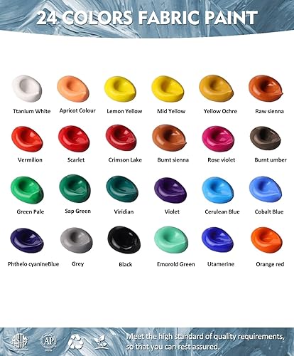 Miniatura 10 de Colorful Juego de pintura de tela, 24 colores, botellas de pintura de tela de 2 onzas con 6 pinceles y paleta, no destiñe después de lavar a máquina