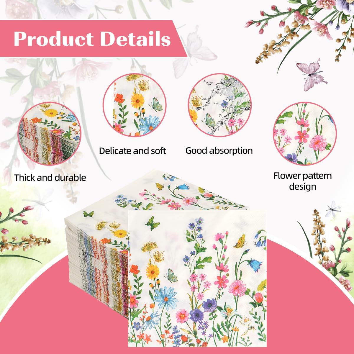 200Pcs Floral Paper Napkin Disposable Bathroom Napkins Guest Spring Flower Paper Napkins Decorative Wild Flower Hand Towels for Bathroom Wedding Birthday Party Baby Shower