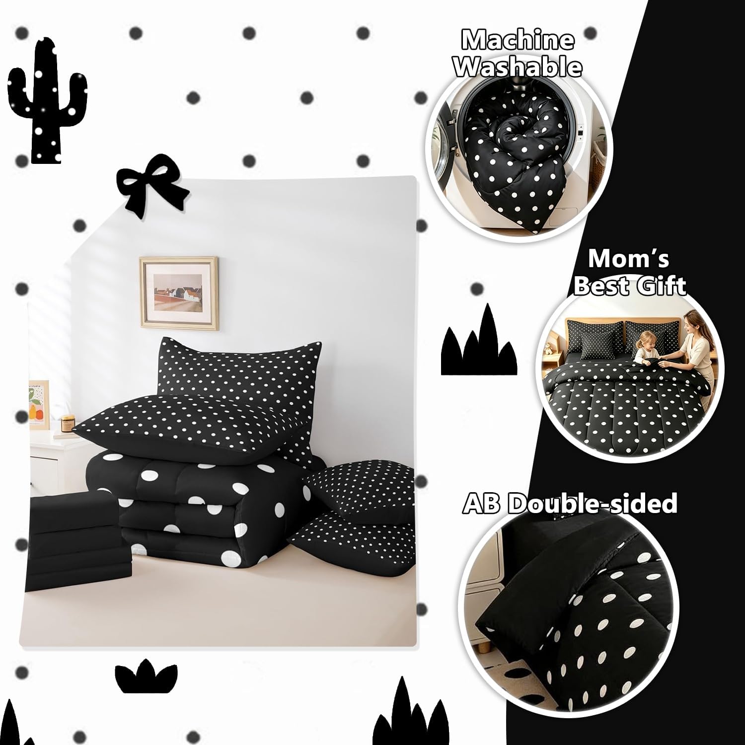 Feelyou Polka Dots Comforter Set Twin Size Kids Boys Girls Bed in a Bag