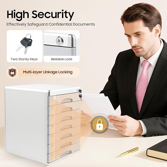 7 Drawer Aluminum Alloy File Cabinet, Lockable Desktop Office Filing Cabinet, Secure Space Saving Storage Organizer for Home Office Document Stationery Supplies