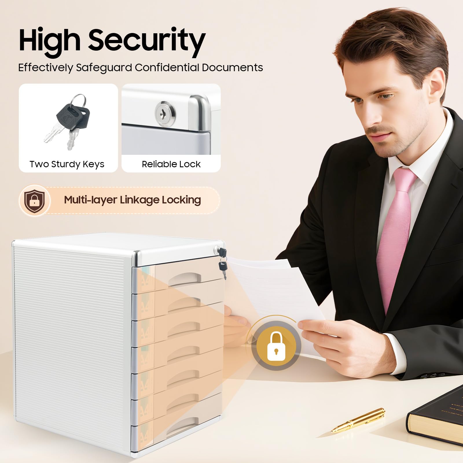 Cassettiera a 7 scomparti, robusta per ufficio, cassetti in metallo, organizer con barra per scrivere e serratura di sicurezza, impilabile per ufficio, home office