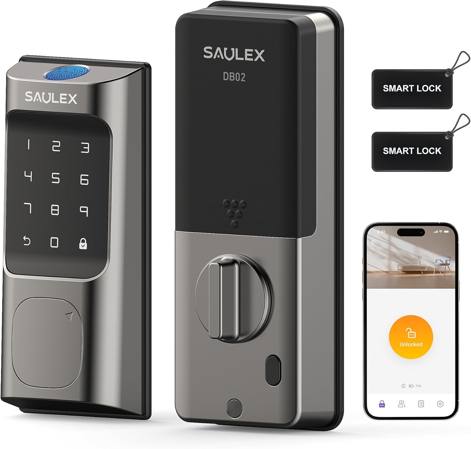 Saulex DB02 Built-in Wi-Fi Smart Lock,5-in-1 Keyless Entry Front Door Lock, Keypad Deadbolts with App Control, Easy Installation,Auto-Unlock.