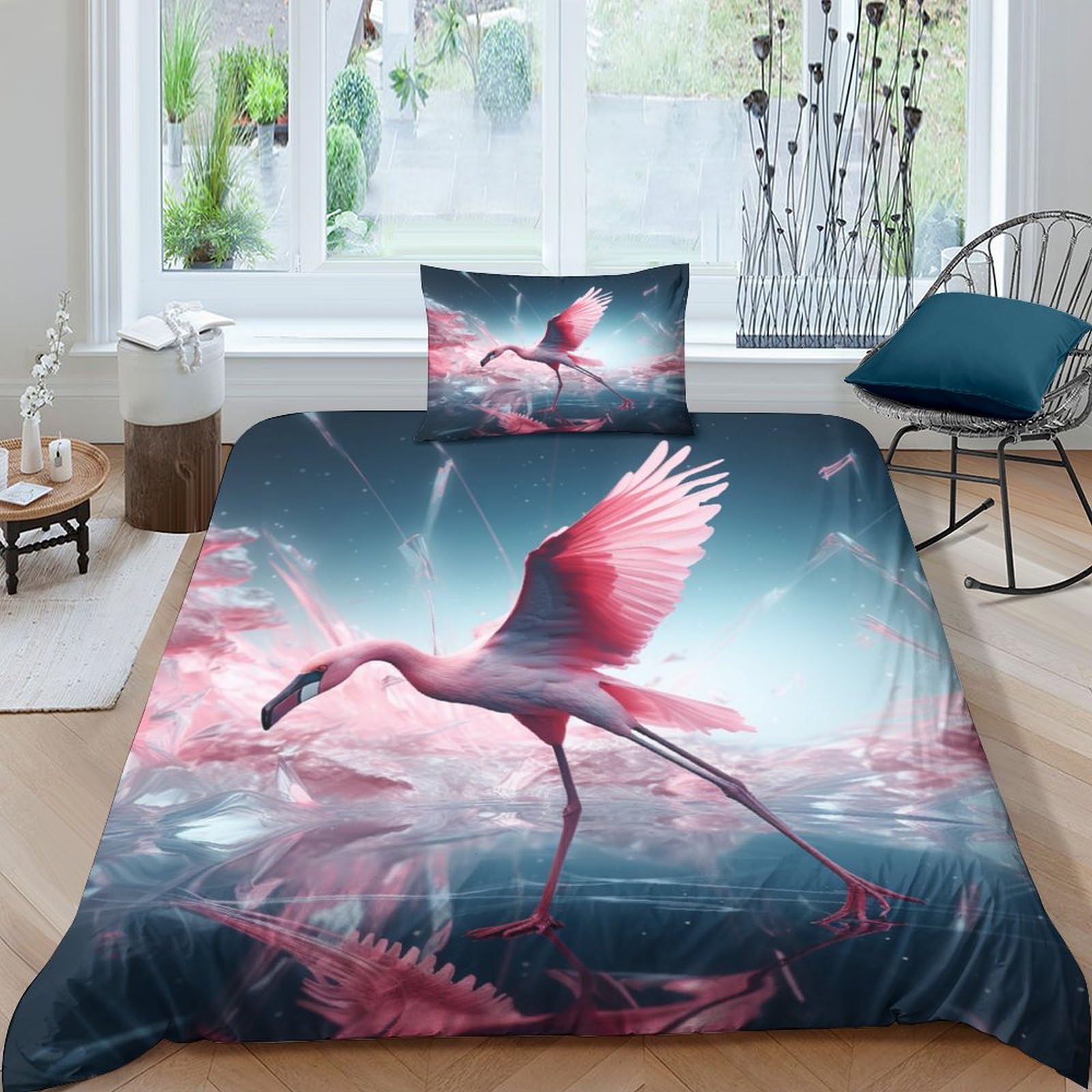 Couette Flamants Rose 135x200 avec Taie d'Oreiller Parure de Lit Enfant Microfibre