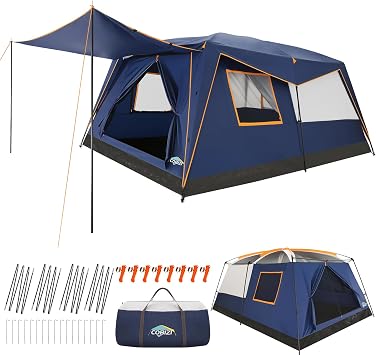 COBIZI Camping Tent, 10 Person Easy Setup Waterproof Windproof Family Tent with Removable Rainfly, Lightweight Portable Outdoor All-Season Dome Tent for Camping, Travel, Fishing, Hiking Dark Blue
