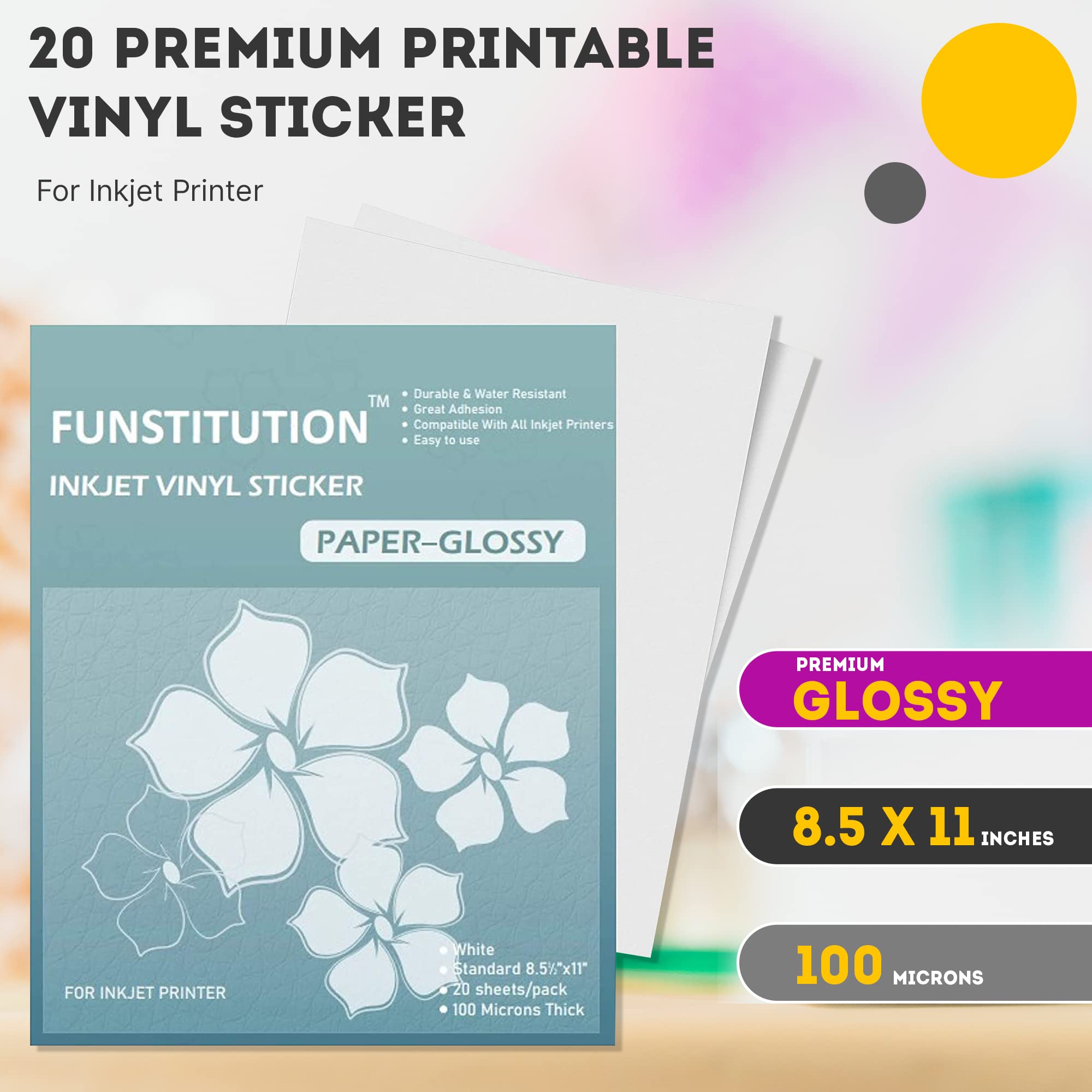 Amazon.com : 20 Premium Printable Vinyl Sticker Paper for Inkjet Printer -  8.5x11 inches Glossy Decal Waterproof Vinyl Sticker Paper - Printable  Permanent Vinyl Sticker Paper for Laser Printer : Office Products