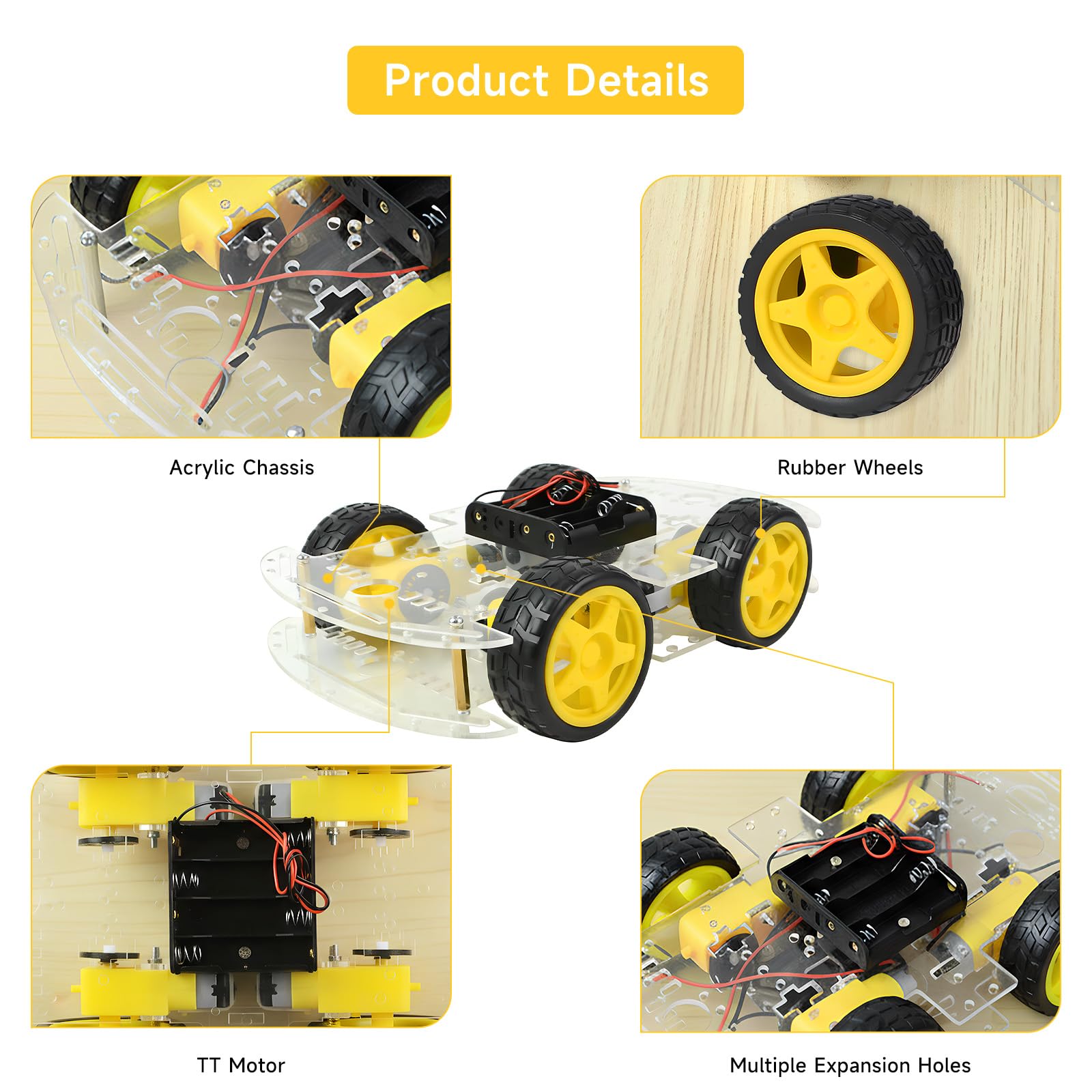Kit de châssis robot 4WD avec moteur TT, châssis acrylique, 4 roues pour Arduino