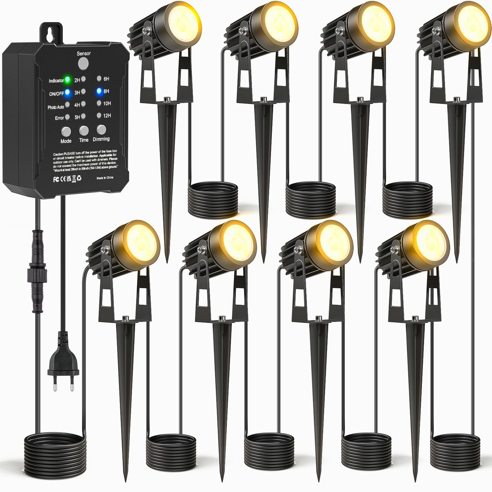 HIBOITEC 8 pezzi di illuminazione da giardino con trasformatore, 20,7 m di illuminazione da giardino con fotosensore, dimmerabile 2000K faretti da giardino a LED impermeabili per esterni