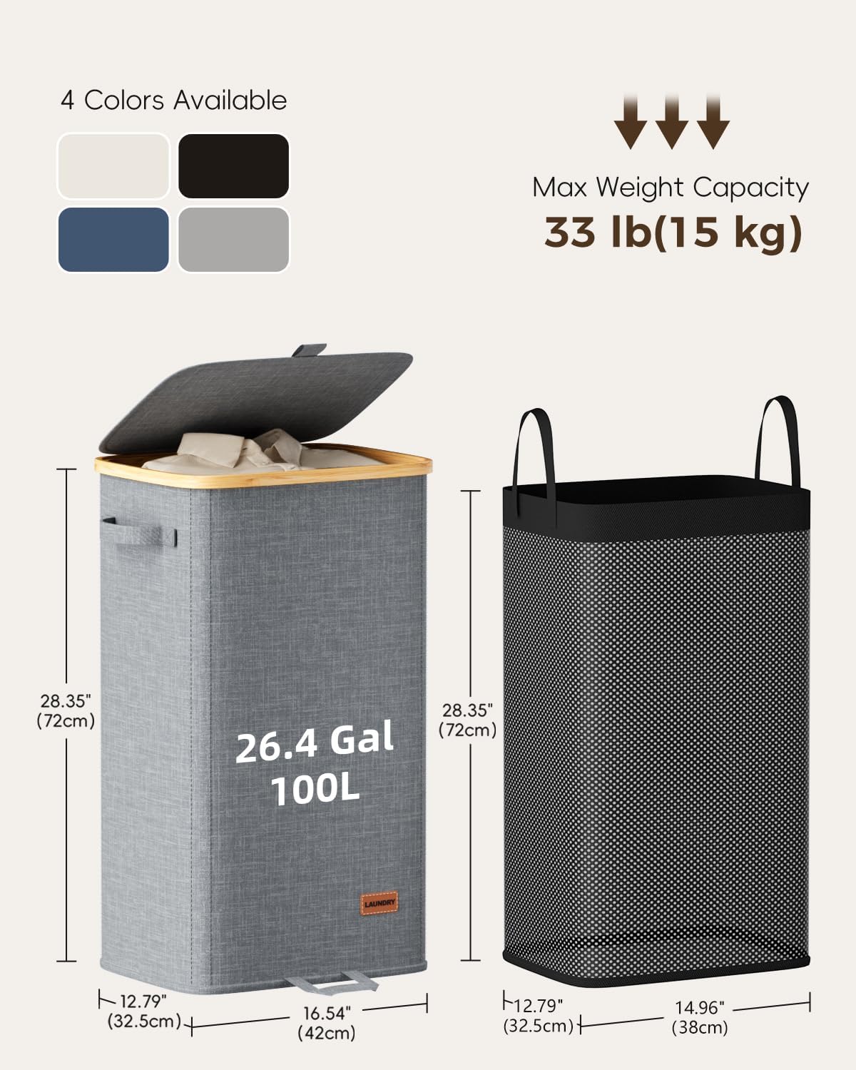 100L Laundry Hamper with Lid, Tall Dirty Clothes Hamper, Grey | Elegant bamboo appearance, Foot Loop, Removable Bag Easy to Lift and Carry, Bathroom, Bedroom, Laundry Room, Dorm