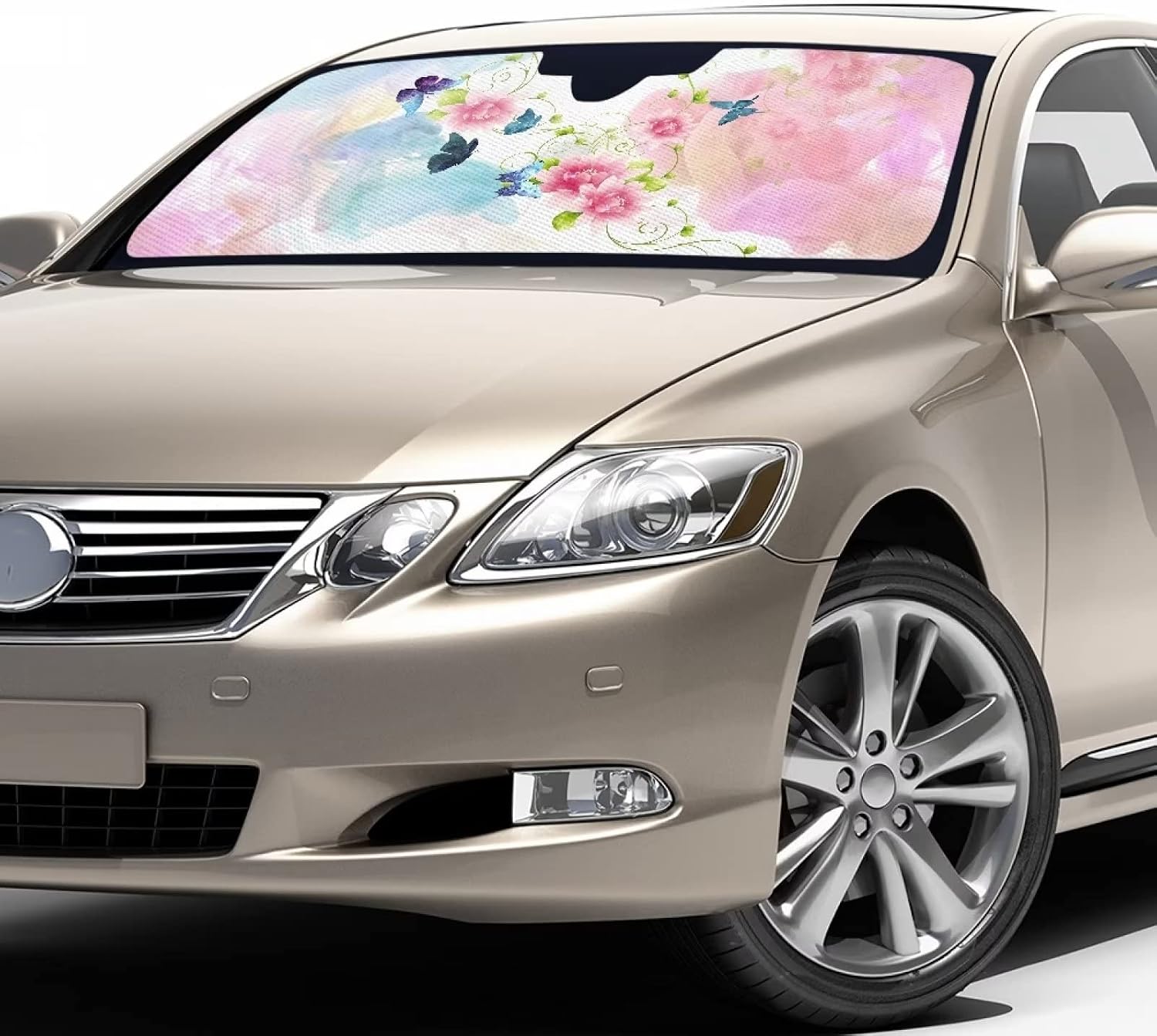 Butterfly Floral Print Pink Sun Visor for Car Trucks SUV Lightweight Foldable Universal Windshield Sun Shade Blocks Heat & UV Rays Summer Car Front Window Sunshade Automotive Interior Sun Protection