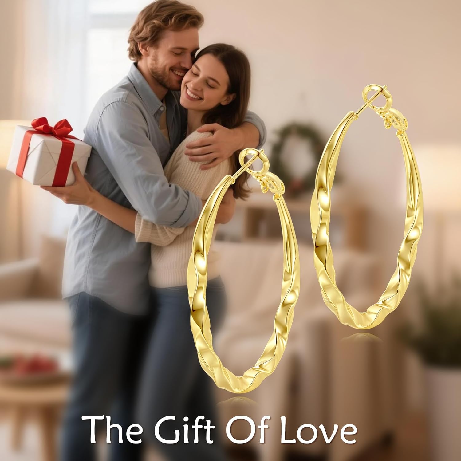 14K Gold Texture Earrings, 37/42mm Gold Hoop Earrings Classic Round Hoop Earring for Women Gold Jewelry Gift for Women