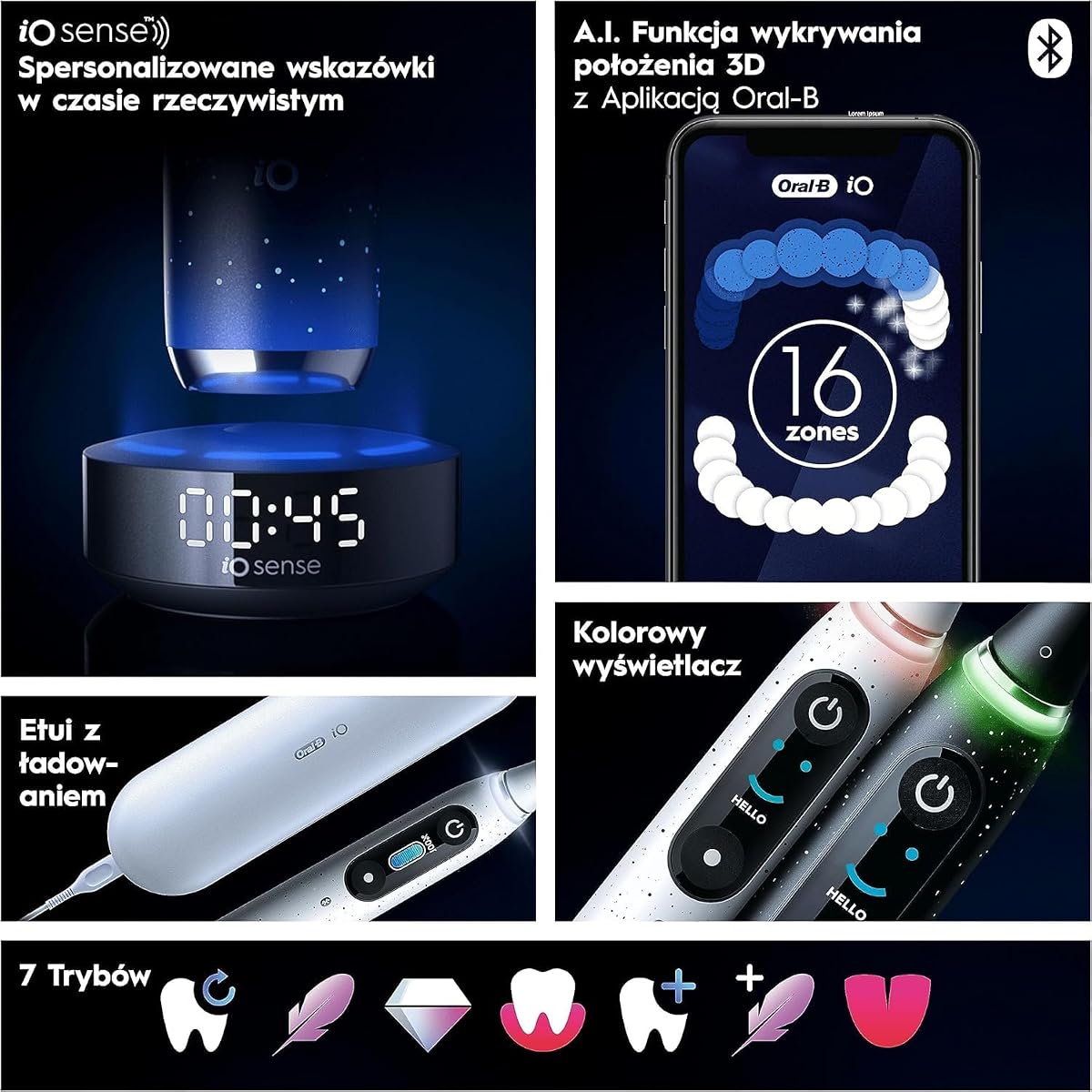 Oral-B iO 10 Czarna szczoteczka elektryczna, 3 końcówki do szczoteczek elektrycznych, 1 etui podróżne z funkcją ładowania, Stworzona w technologii Braun, Stworzona w technologii Braun
