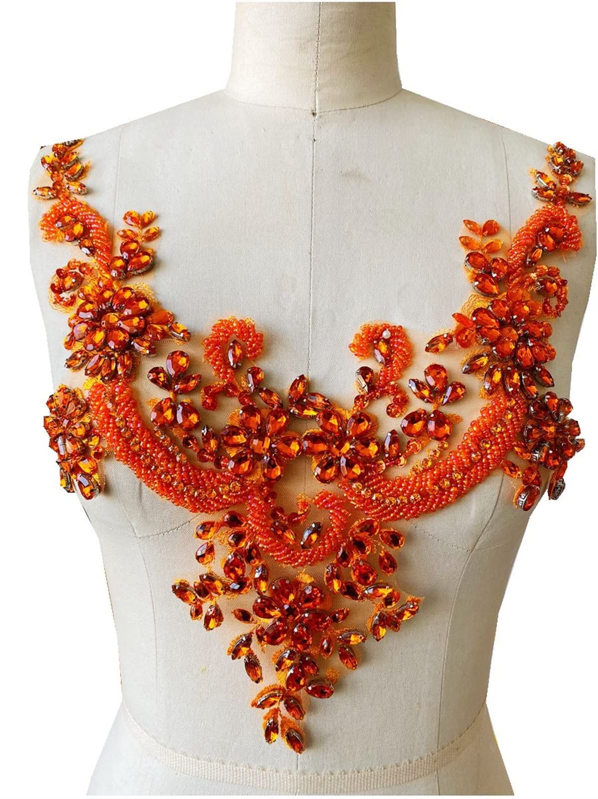 Koronkowa aplikacja Kwiatowy haft Rhinestone Koraliki Haftowane aplikacje Wielokolorowe 15,7 x 13 cali(Orange)