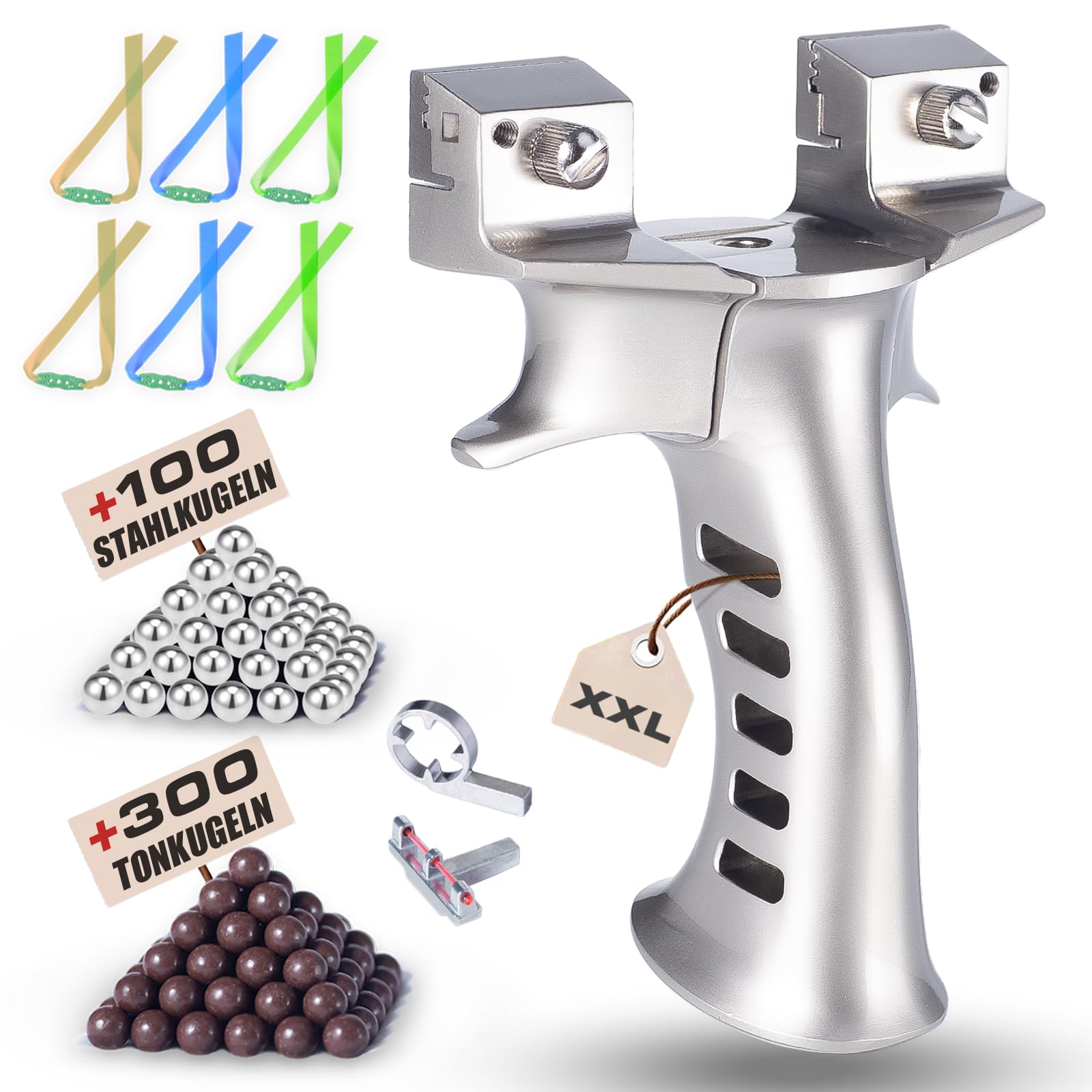 XXL Steinschleuder für Herren,Schwere Zwille für Erwachsene,Vollmetall Groß Schleuder,Outdoor Slingshot Set mit 6 Ersatzgummi+300 Tonkugeln+100 Stahlkugeln.