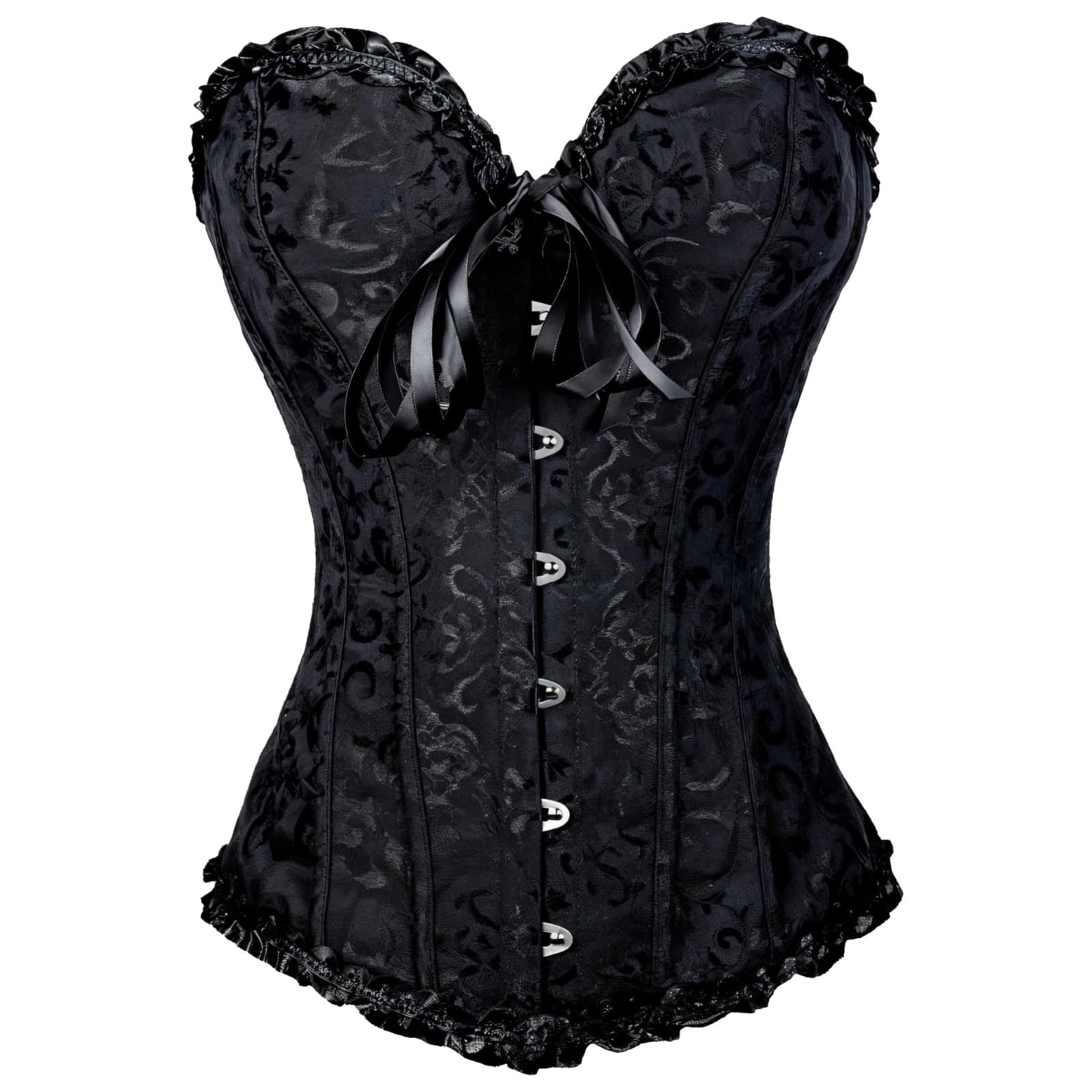 Corsetto nero da donna, bustino modellante con bordo in pizzo, elegante chiusura frontale, XXL