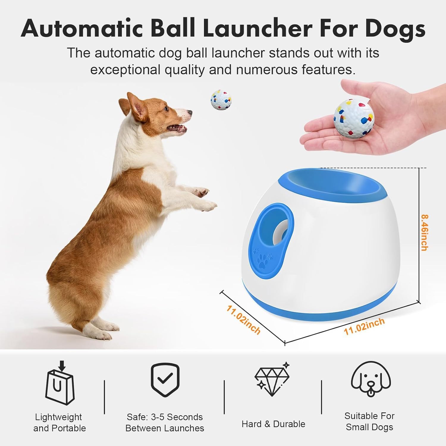 Lanceur de balles automatique pour chien – Petite machine de lancer de balles automatique interactive amusante pour chien avec 3 balles en latex durable, distance de tir réglable de 3 à 9 m, adaptée