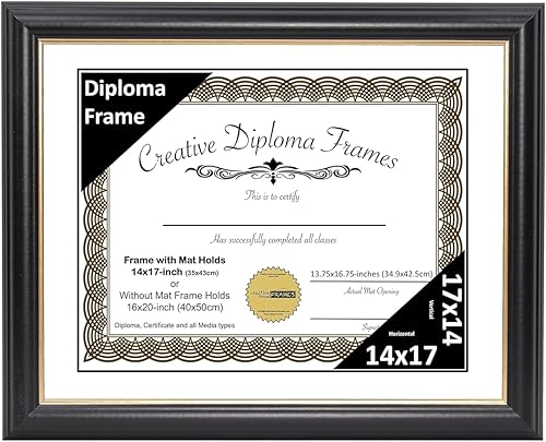 Vista 210 de Creative Picture Frames Marco para diploma Rockefeller de 9 x 12 pulgadas, color negro con borde dorado, muestra un certificado de 9 x 12 pulgadas