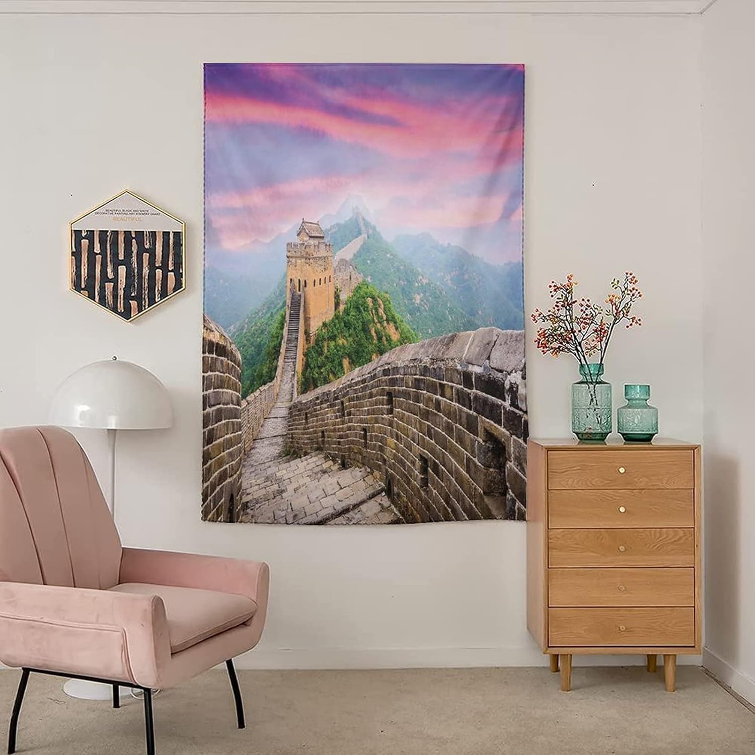 XISUNYA Self Adhesive Portable Blackout Curtains, Great Wall of China Room Darkening Curtains, Fantasy Sky on Cultural Architecture Section Print Temporary Blackout Blinds,59W x72L Inch