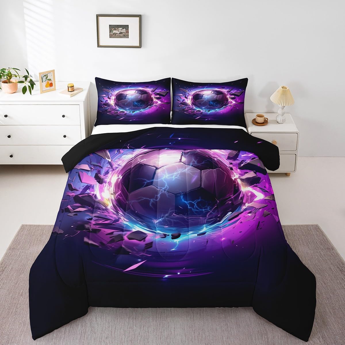 Erosebridal Soccer Queen Comforter Set for Kids Boys Girls,Basketball Bedding Set,Vintage Baseball Down Comforter,3D Volleyball Bed Set with 2 Pillowcases for Bedroom