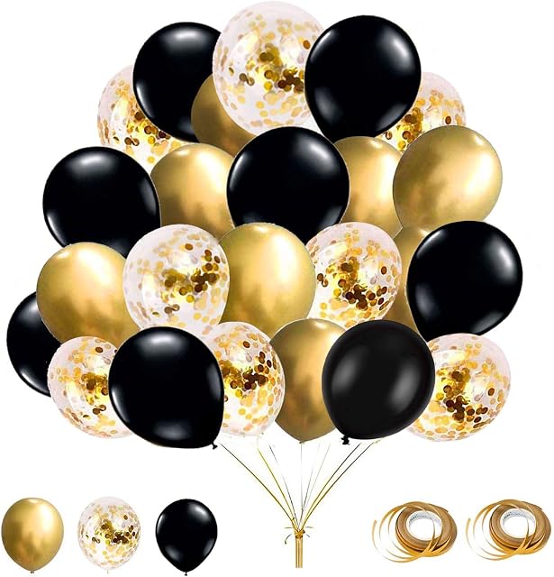 60Pcs Balloons Set, 12 Inches Gold and Black Balloons Metallic Latex Balloons Confetti Balloons Helium Balloons for Wedding Birthday Shower Baby Shower Party Decoration (Black)