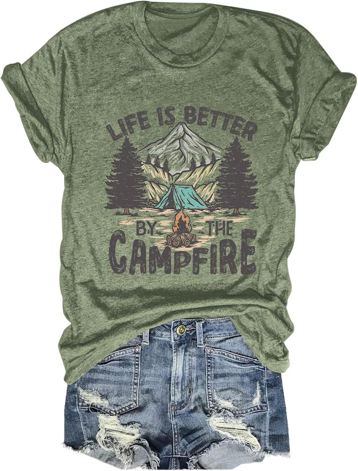 Camping Shirt Women Life is Better by The Campfire T-Shirt Funny Camper Camp Lover Casual Graphic Tee Top Crewneck