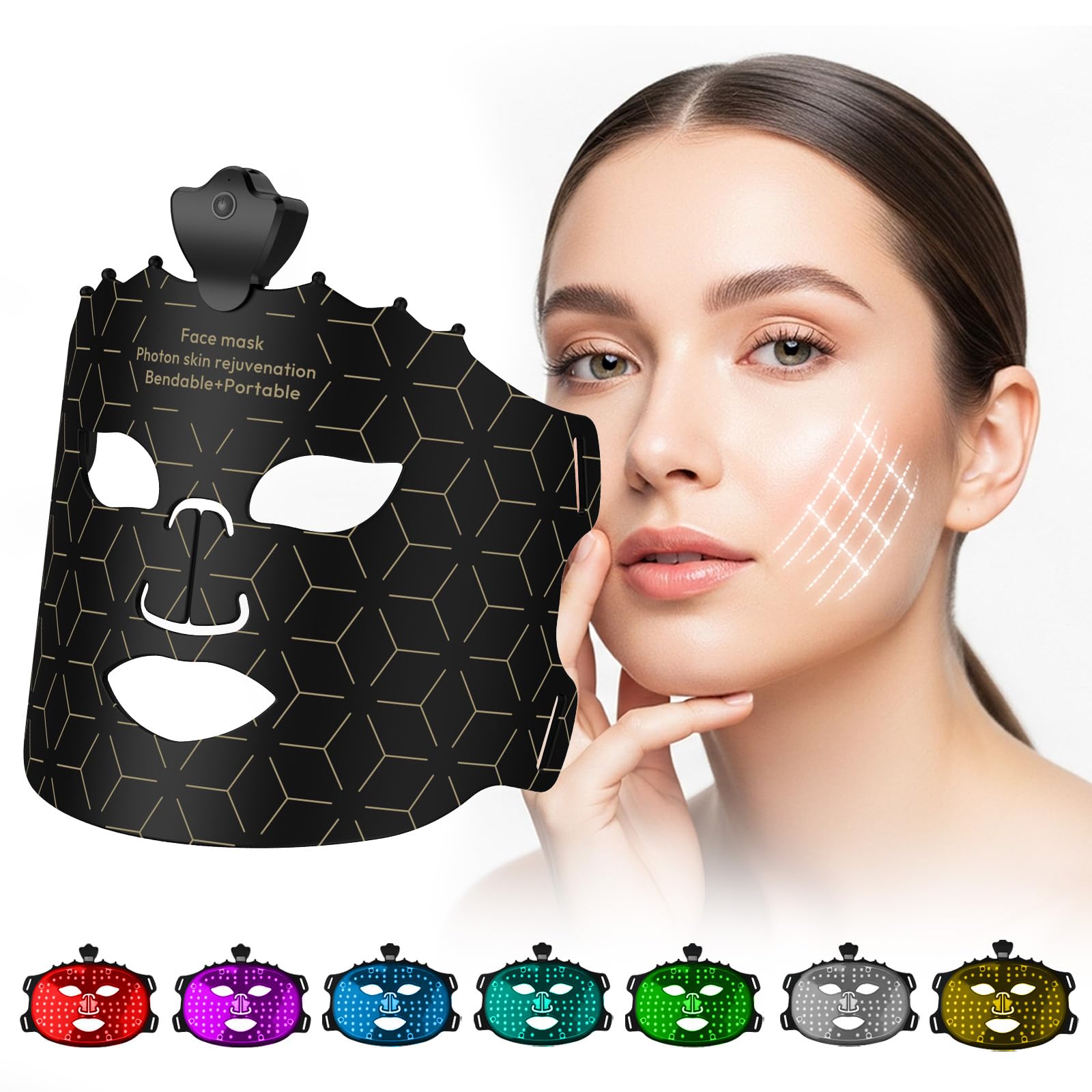 Maschera LED viso 7 colori, 240 LED, senza fili | 7 modalità, copertura uniforme, silicone morbido, timer auto 10 min