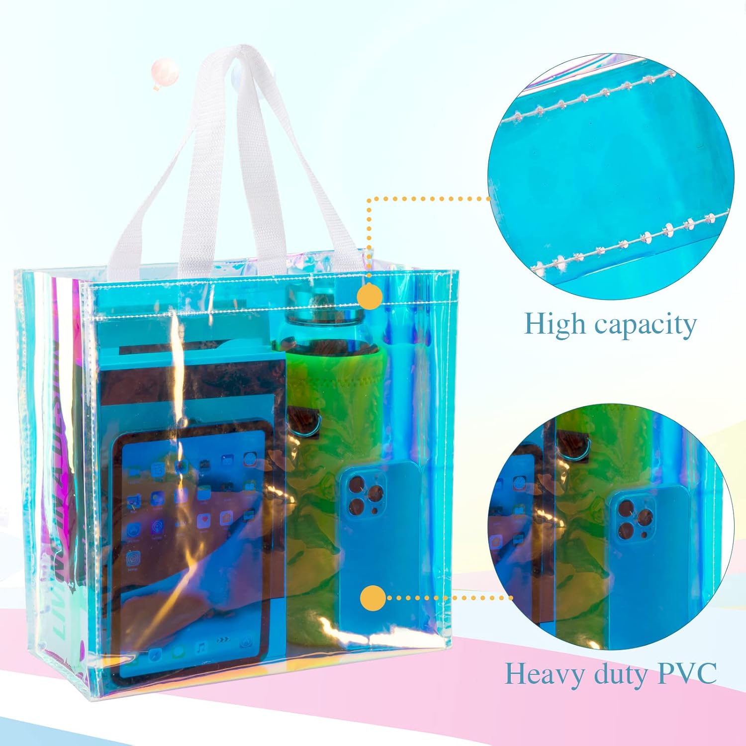 Saintrygo 20 Pack Clear Tote Bags Bulk 12 x 12 x 6 PVC Plastic Tote Bag with Handles for Stadium Work Beach Sports(Bright Color) - Image 6