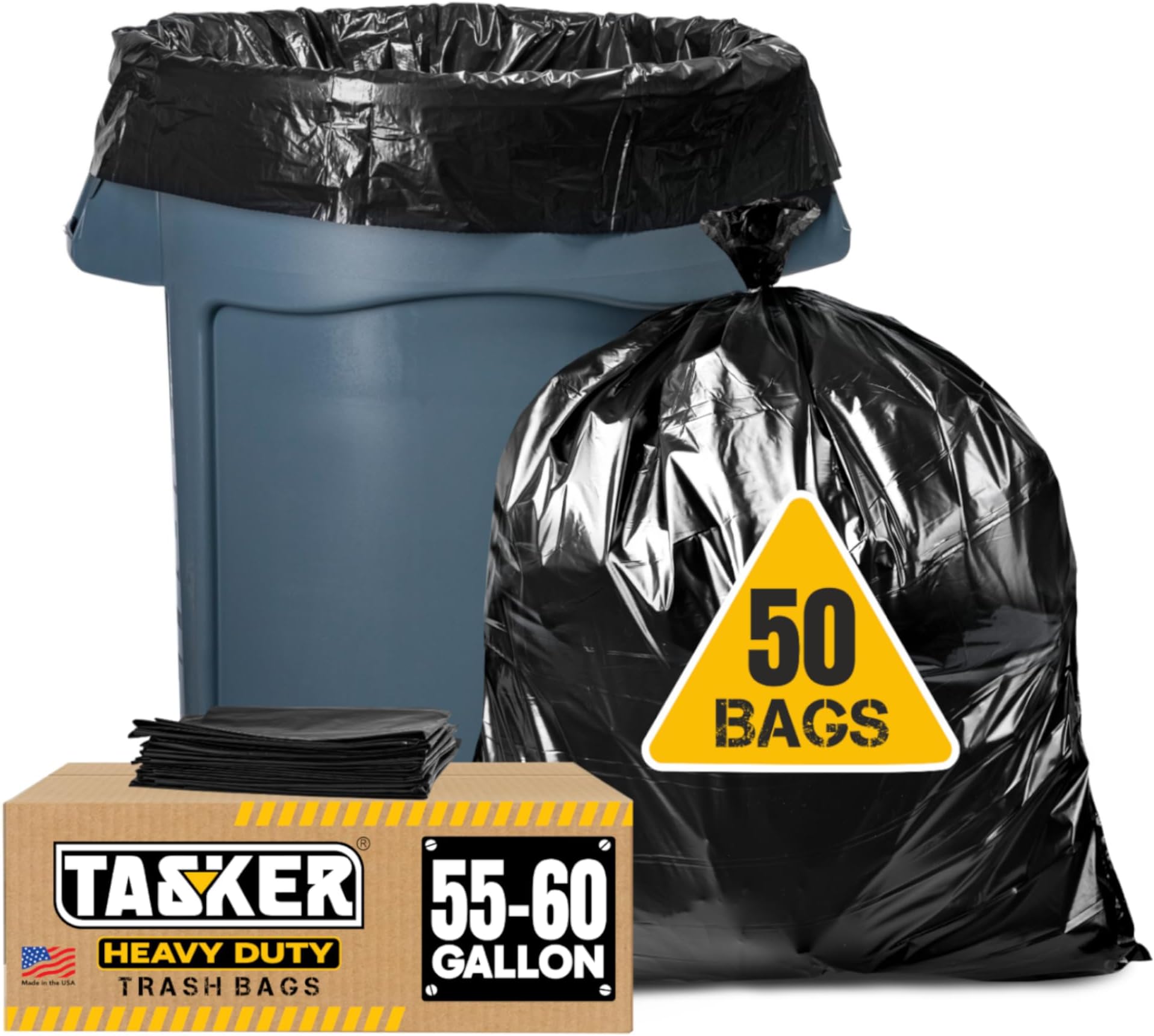 Tasker 55 Gallon Trash Bags | Value 50 Trash Bags w/Ties | Heavy Duty Extra Large Industrial Trash Bags 55 Gallon, Lawn and Leaf Bags, Extra Large Outdoor Contractor Trash Can Liners, 50-60 Gallon