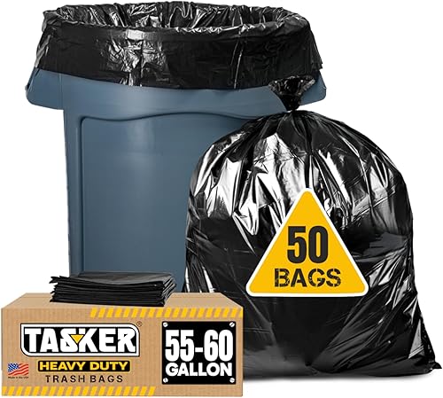 Tasker Bolsas de basura para contratistas de 55 galones | Bolsas de basura con lazos | Bolsas de basura industriales extragrandes de 55 galones,