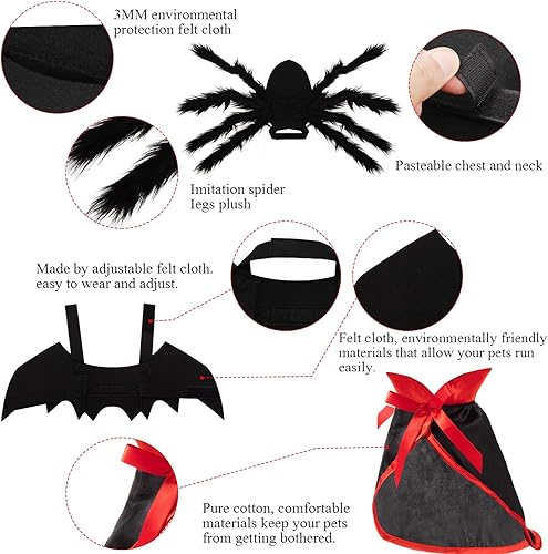 Miniatura 4 de Juego de 3 piezas de disfraz de perro y gato de Halloween, capa de vampiro de murciélago para mascotas, disfraz de araña gigante de imitación para