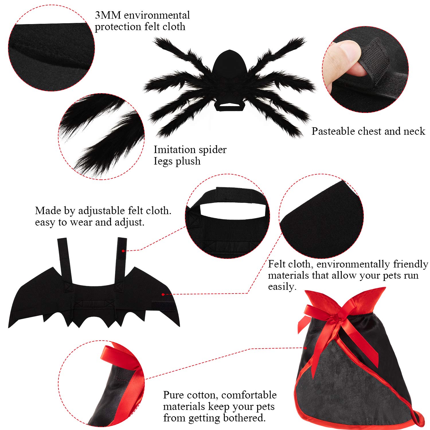 3 Set Costumi per Cani Gatto di Halloween, Ali Pipistrello da Animale Mantello Vampiro Strega Imitazione Gigante Ali di Ragno Accessori Cosplay Costume Animali Halloween Decor Ala per Cani Gatti