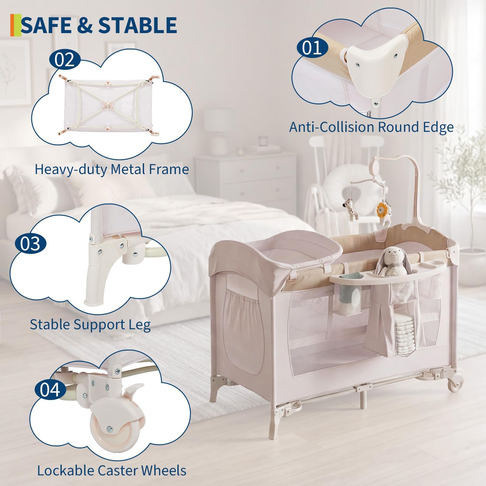 Beistellbett Baby 5-In-1, Reisebett Baby mit Matratze, Babybett Reisebett mit Rollen, Bassinet & Wickeltisch,Faltbarer Laufstall mit Musik-Spielbogen,Matratze, Atmungsaktives Netz, ab Geburt bis 15 kg