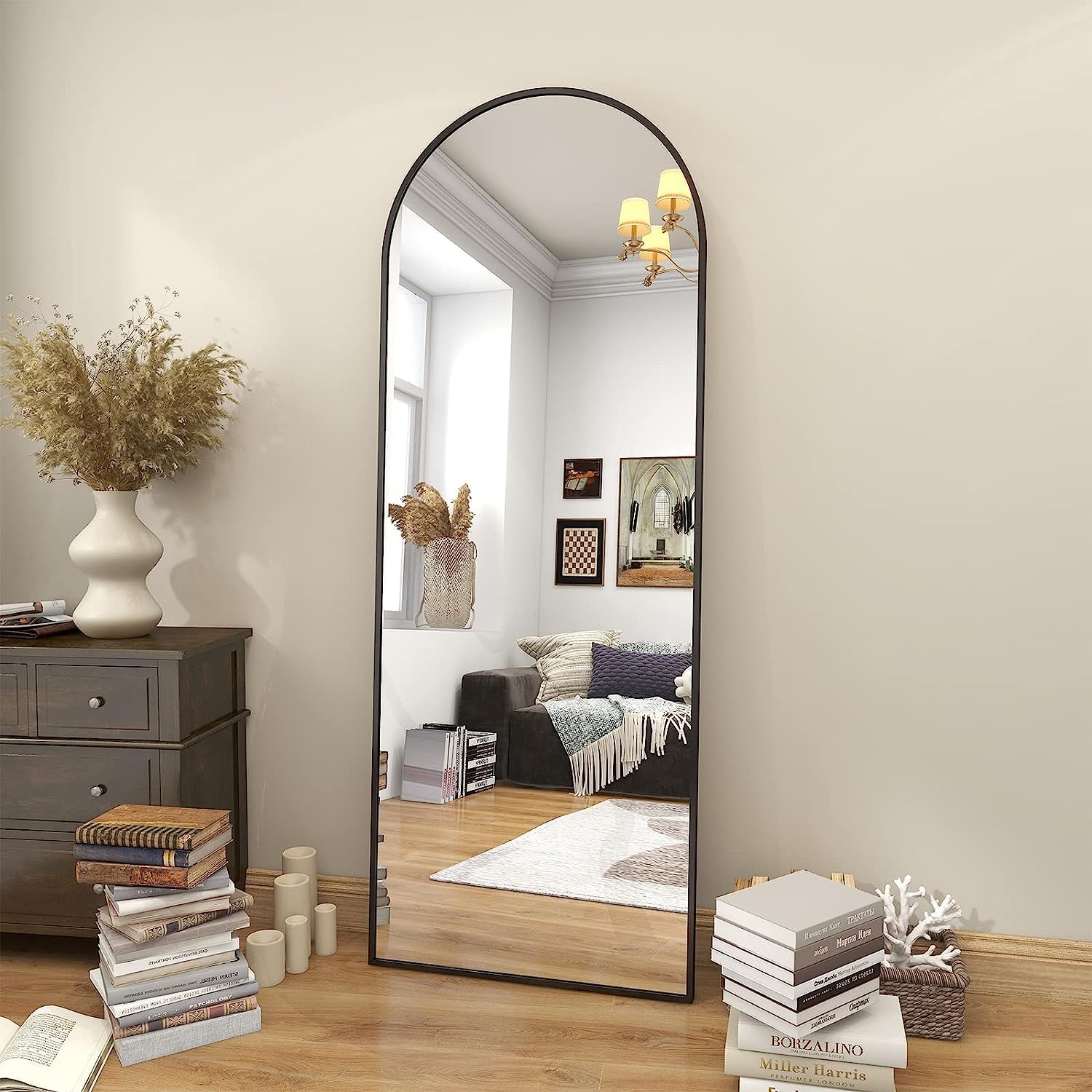 SLEEPHEAD® Arched Full Length Mirror, Hanging Vertical Or Inclined Floor Mirror (With Bracket), Full Body Mirror, Bedroom Mirror, Wall Mounted Mirror, Aluminum Alloy Frame (Black 150 * 40)