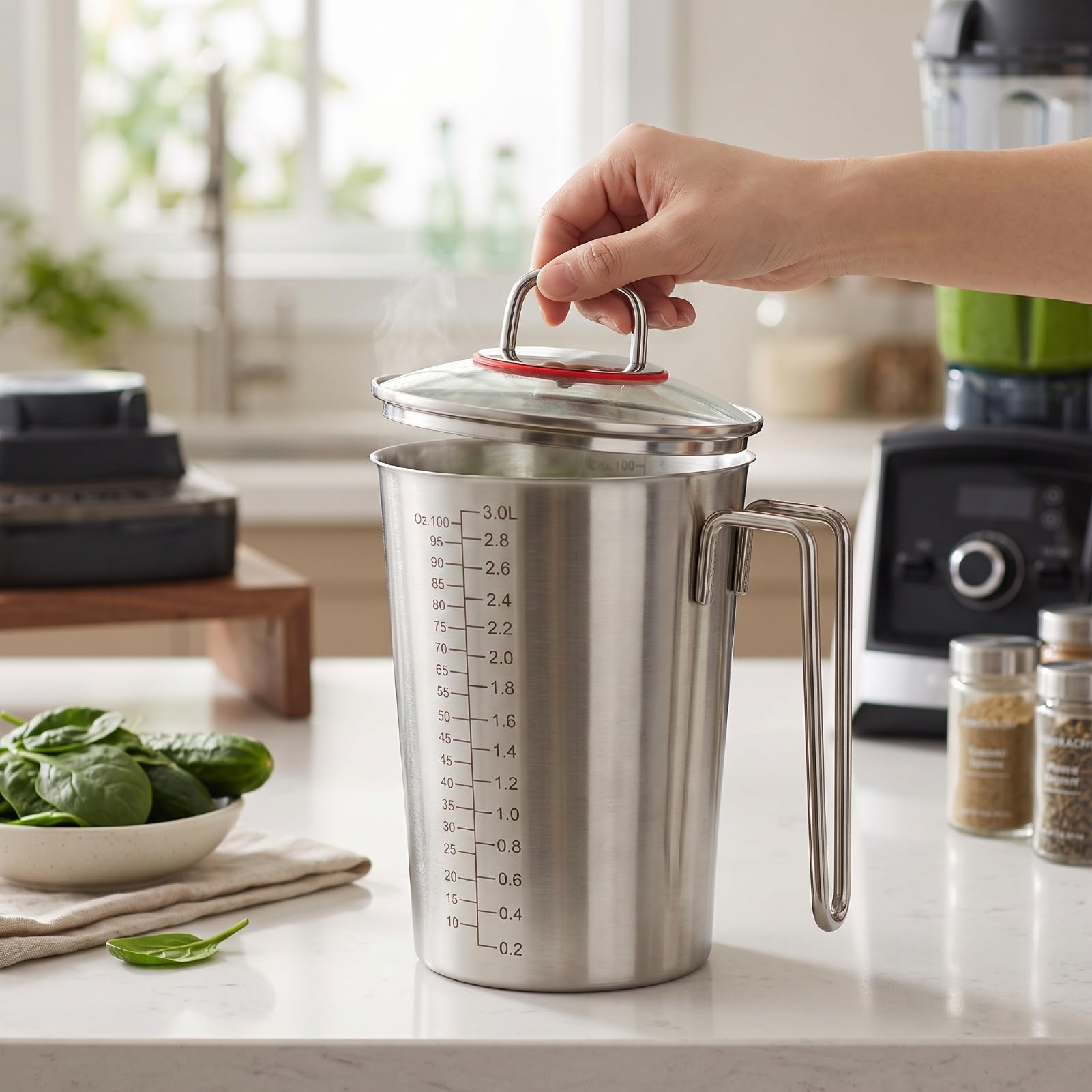 Zerodis Vaso Medidor de Acero Inoxidable de 3000 Ml con Asa para Medir