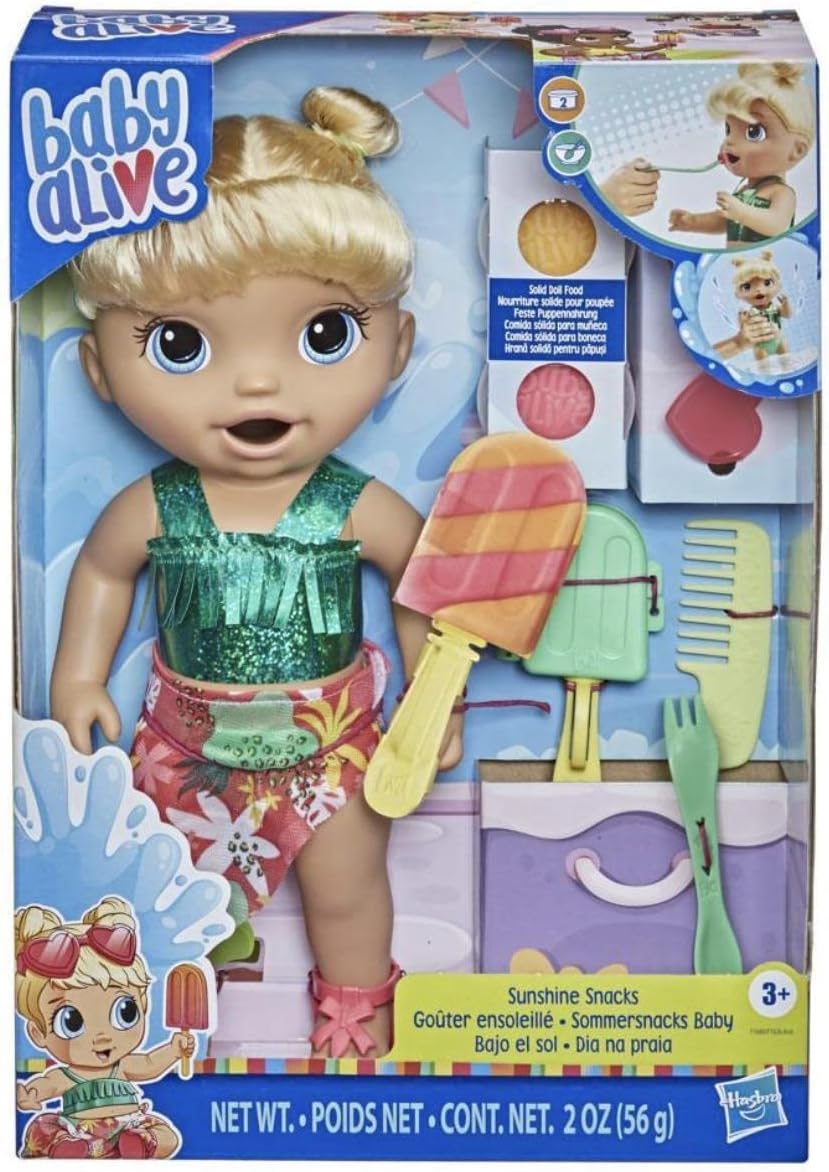 Baby Alive Sunshine Snacks Doll, Eats and Poops, Summer-Themed Waterplay Baby Doll, Ice Pop Mold, Toy for Kids Ages 3 and Up, Blonde Hair