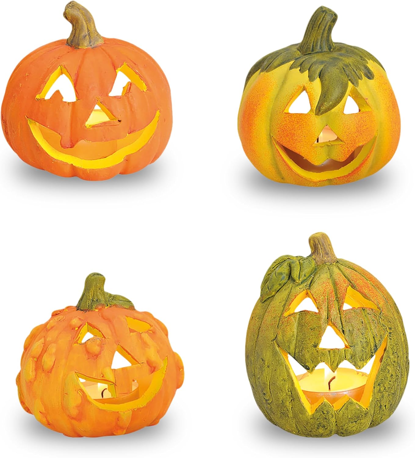 Ton Kürbis Herbstdeko Teelichthalter 4er Set - Ø 8 cm - Halloween Windlicht für Innen und Außen - Kerzenhalter Tischdeko