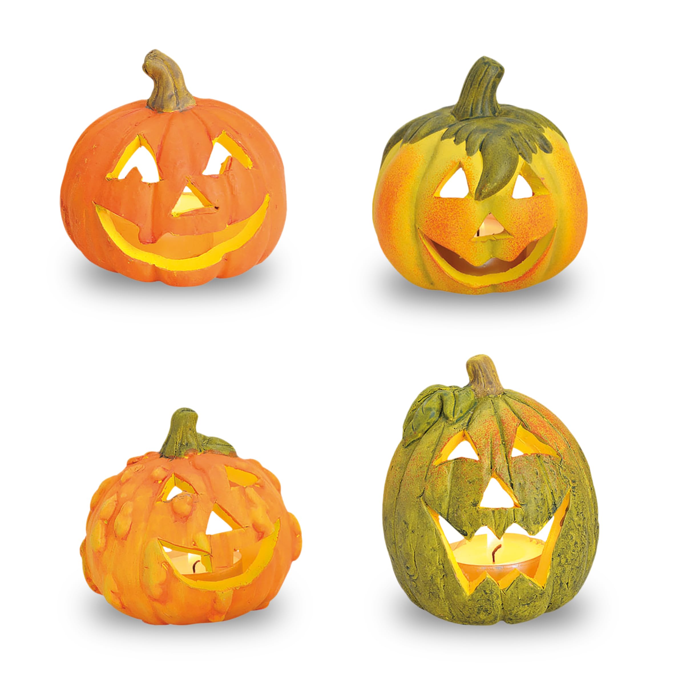 Ton Kürbis Herbstdeko Teelichthalter 4er Set - Ø 8 cm - Halloween Windlicht für Innen und Außen