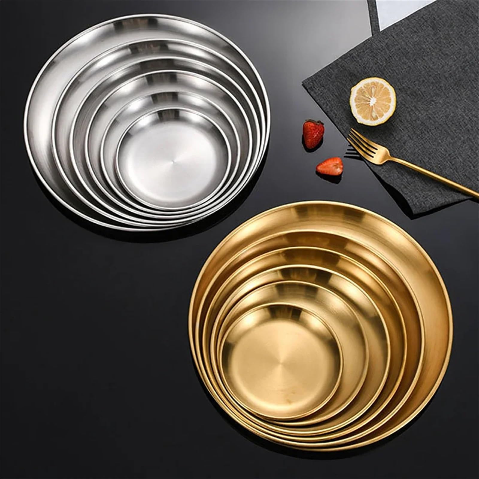 Bandeja de Servicio de Acero Inoxidable Juego De 6 Platos Acero Inoxidable For Pollo Frito, Barbacoa, Carne, Verduras, Frutas, Bandeja Almacenamiento For Fiestas(30cm Gold)