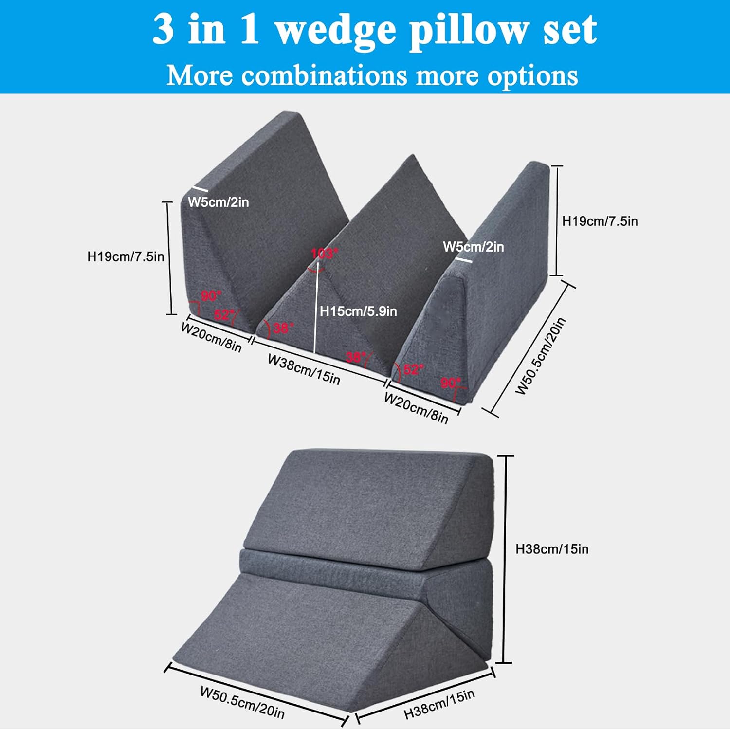 Saula Bed Wedge Pillow for Side Sleeping for Back Pain Triangle Bed Wedges & Body positioners for Seniors Wedge Pillow Set for After Surgery, Knees Elevated, Preventing Bedsores, Gray