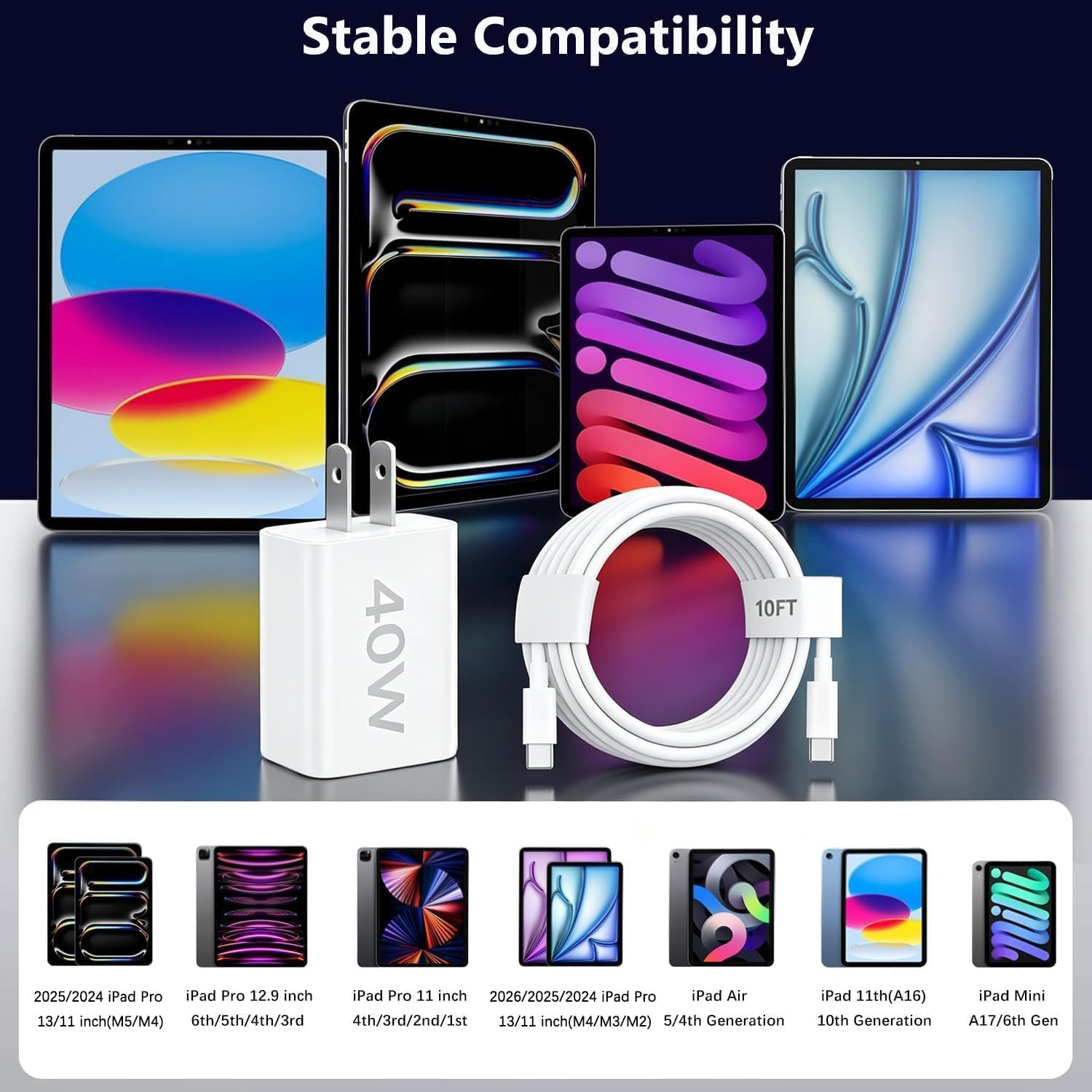 iPad Charger Fast Charging,[Apple MFi Certified]40W Fast USB C Charger Block 10FT USB C to C Cable Cord for iPad Pro 13/12.9/11 inch,iPad A16 11/10th,iPad Air 13/11 inch M4/M3/M2/5th/4th,iPad mini 7/6