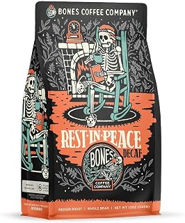 Bones Coffee Company Rest in Peace Decaffeinated Flavored Coffee, Medium Roast Low Acid Arabica Beans Compatible with Auto drip and French Press Coffee Maker, 12 Oz Whole Bean